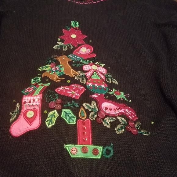 Ugly Christmas Sweater Quacker Factory L Christmas Tree Black Long Sleeve - Picture 2 of 15